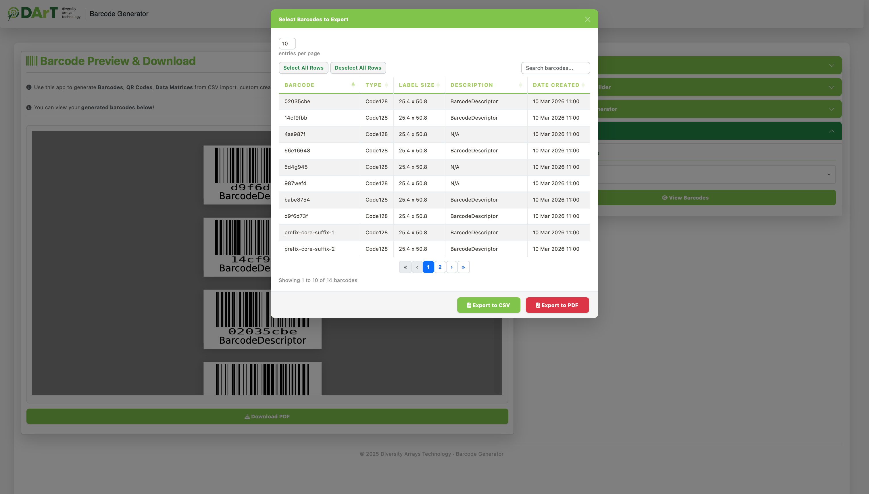 Download Barcodes as CSV