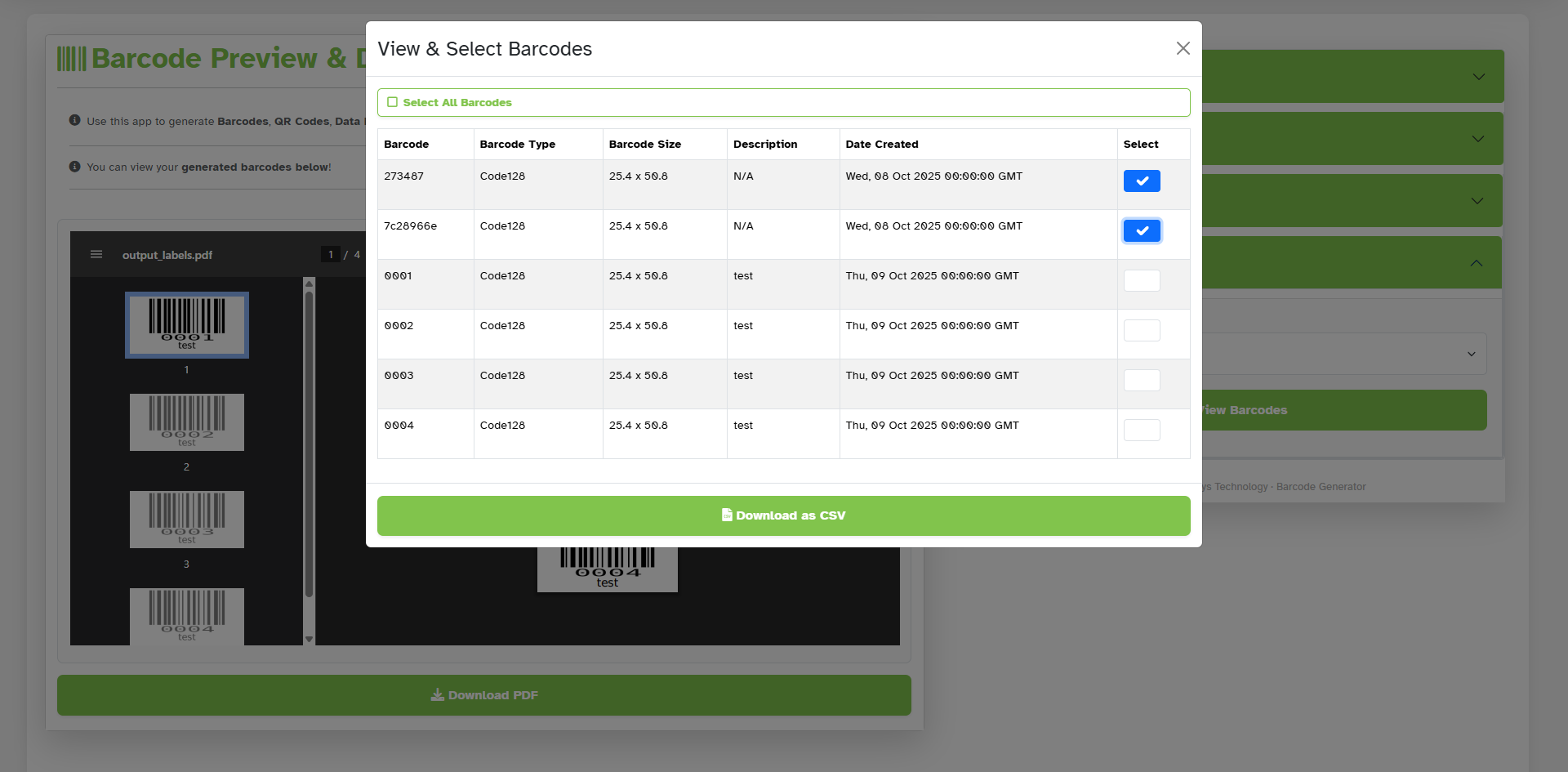 Download Barcodes as CSV